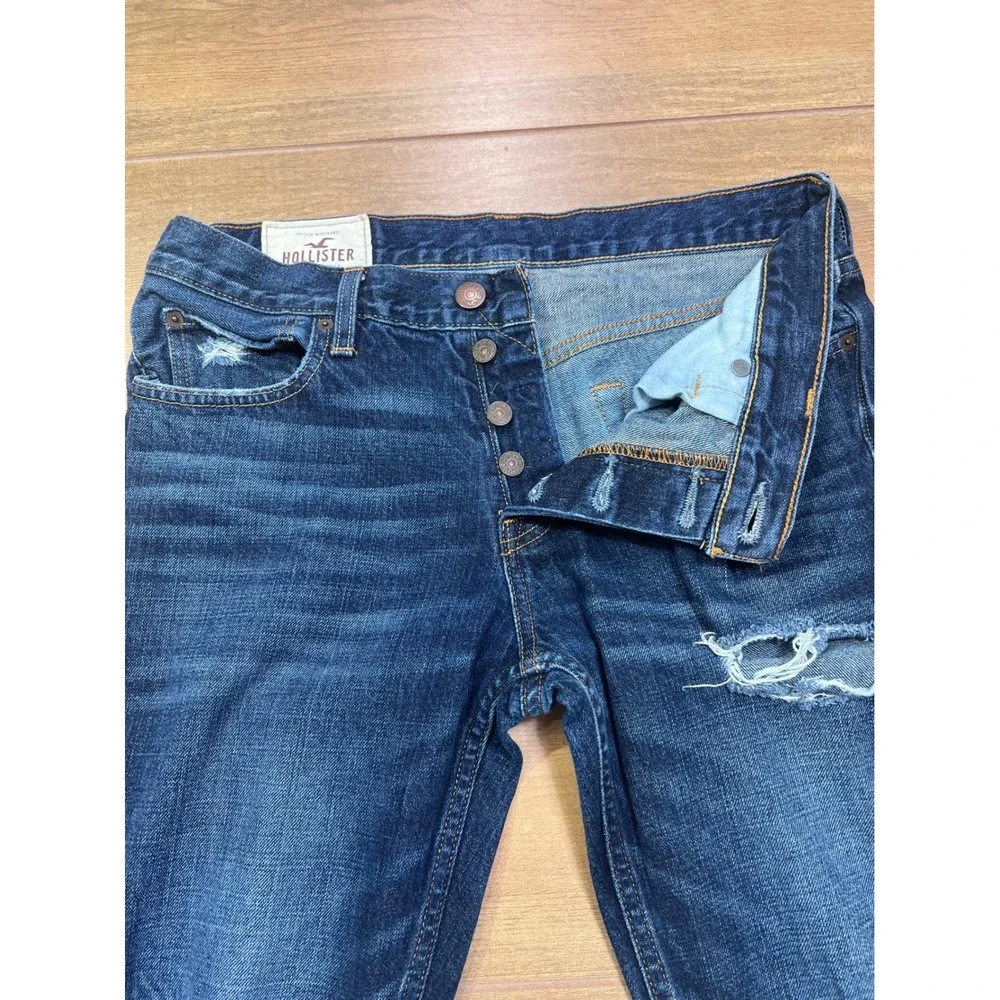 Hollister Mens Jeans Dark Wash Slim‎ Fit Button Fly Distressed Size 34x34/33